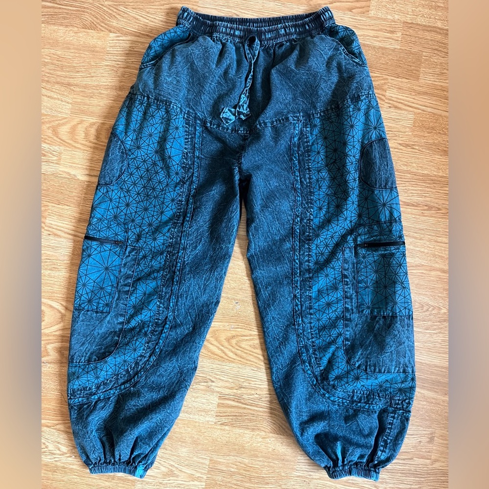Blue Black Cotton Hippie Cargo Pants